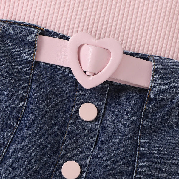 High Neck Long Sleeve Ribbed Denim Pleated Skirt With Belt