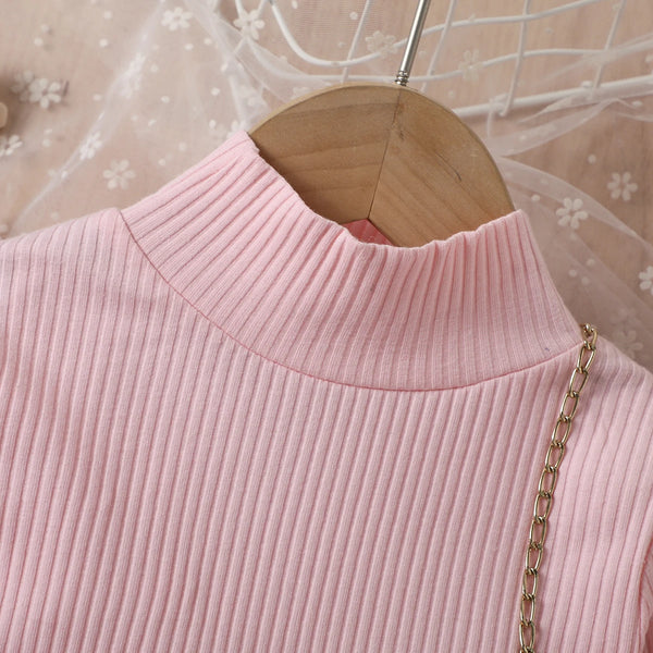 High Neck Long Sleeve Ribbed Denim Pleated Skirt With Belt