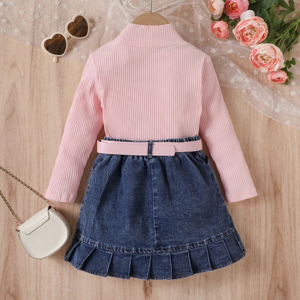 High Neck Long Sleeve Ribbed Denim Pleated Skirt With Belt