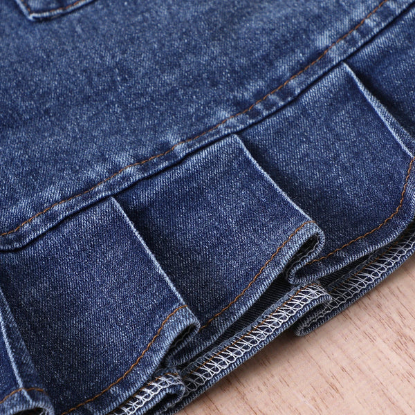 High Neck Long Sleeve Ribbed Denim Pleated Skirt With Belt
