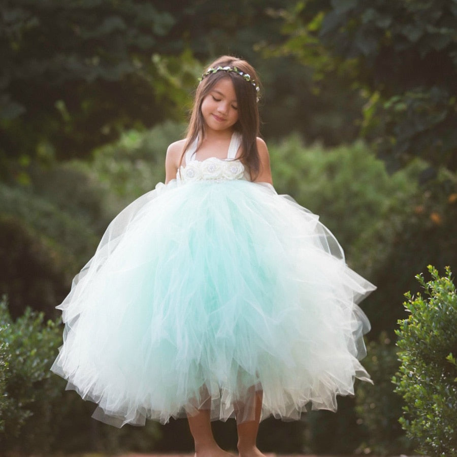 Aqua Tutu Ball Gown with Pearl Flowers and Hairbow