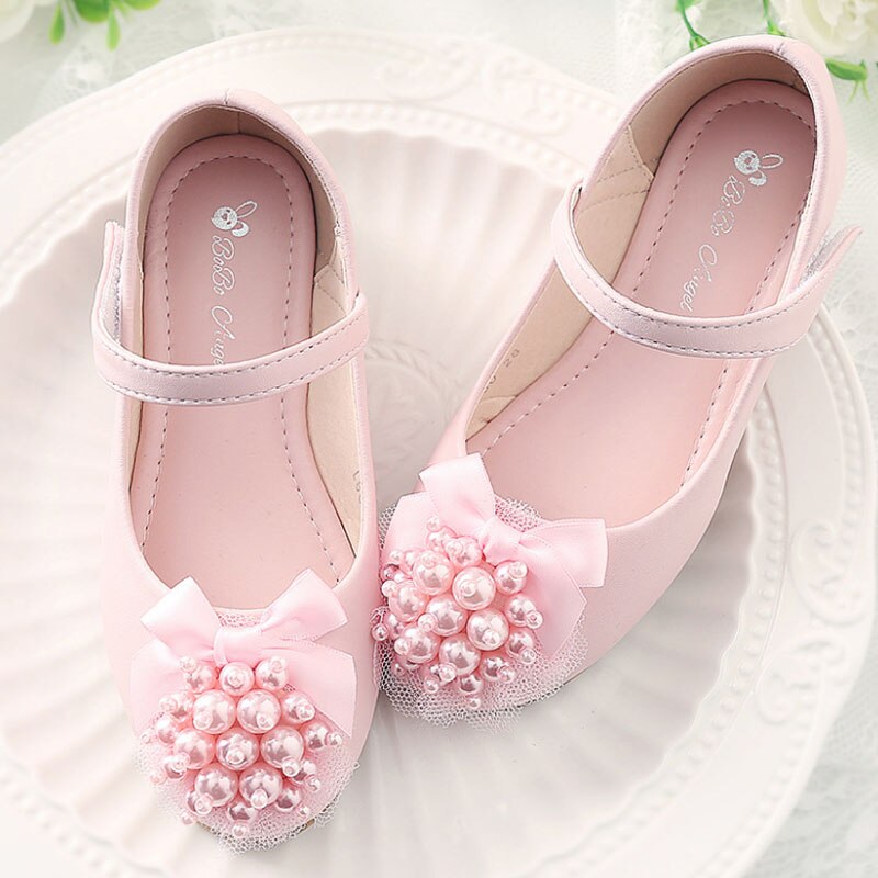 Pearls Flower Girls Wedding Leather Shoes