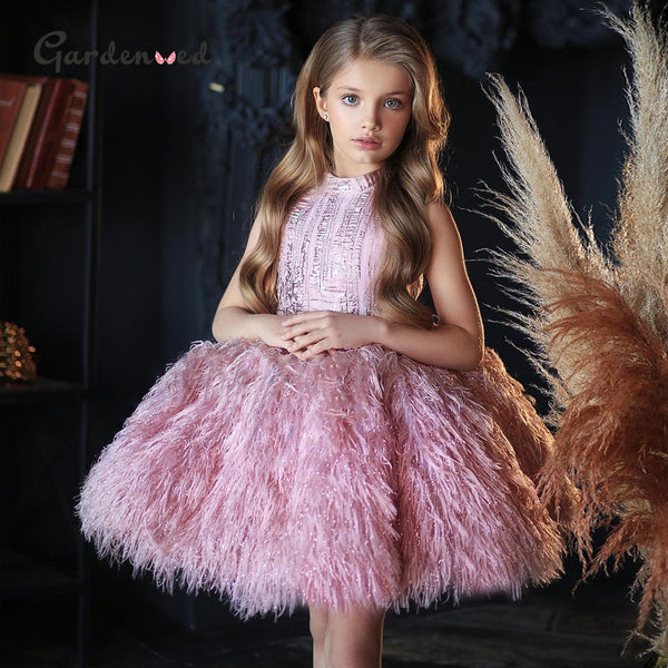 Puffy Feather Flower Girl Gown - Cotton Castles Luxury Kids