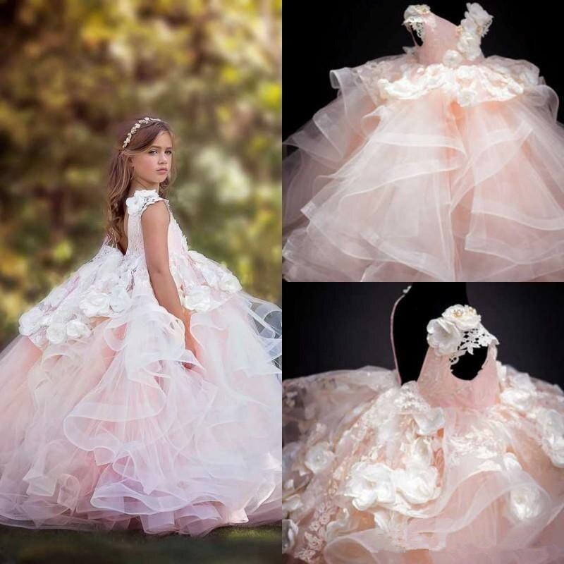 Princess Flower Girl Dresses Elegant fluffy Lace Appliques Cascading Gown Kids Birthday First Communion Dresses - Cotton Castles Luxury Kids