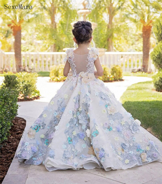 Princess Ball Gown Floral Lace 3D Flowers - Cotton Castles Luxury Kids