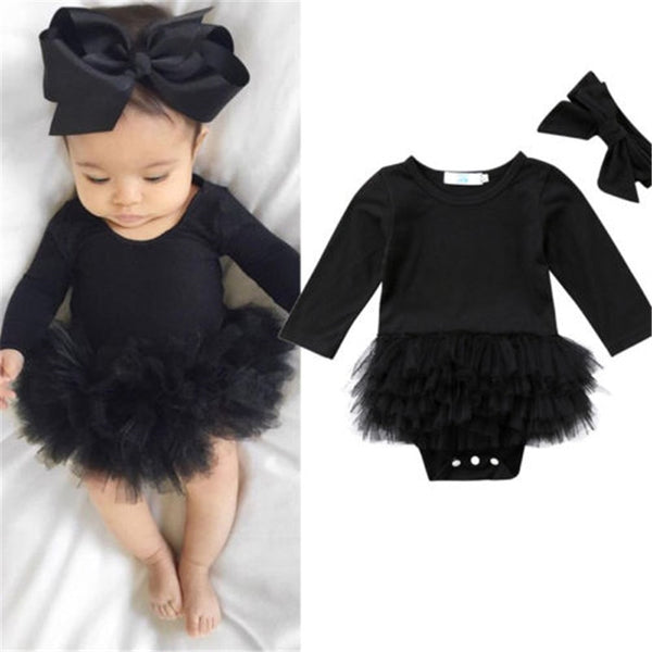 Baby Girl Black Romper Dress + Headband - Cotton Castles Luxury Kids