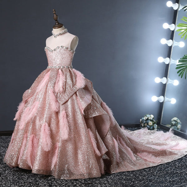 Pageant Sequins Feathers Ball Gown