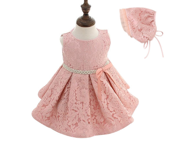 Rhinestone Waist Baptism Dress for Baby Girl Christening Hat Peach Ivory Party Princess Dress Infant Birthday Outfit 0-24Months - Cotton Castles Luxury Kids