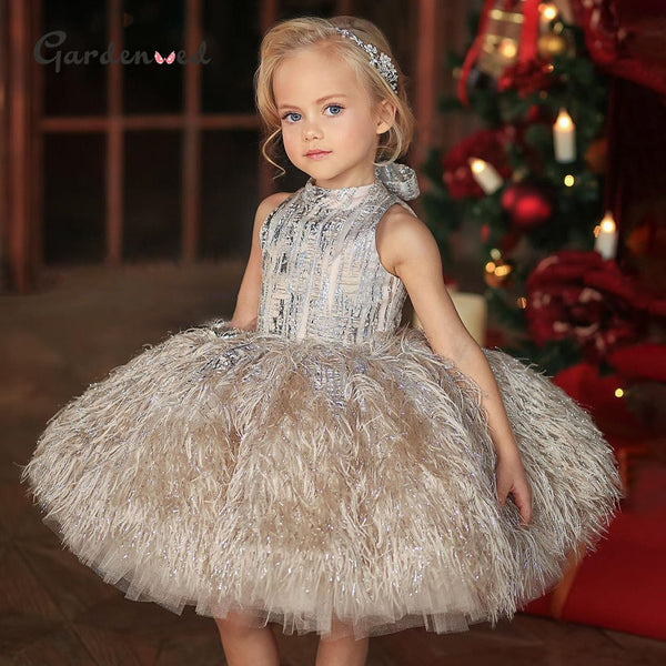 Puffy Feather Flower Girl Gown - Cotton Castles Luxury Kids