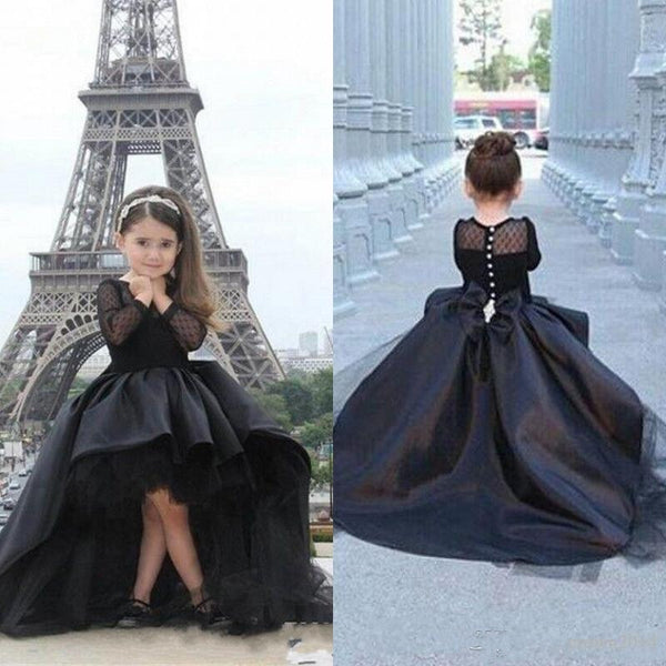 Long Sleeves Girls Pageant Dresses Black High Low Mother And Girl Dress Flower Girl Dresses For Teens Formal Holy Communion Gown - Cotton Castles Luxury Kids