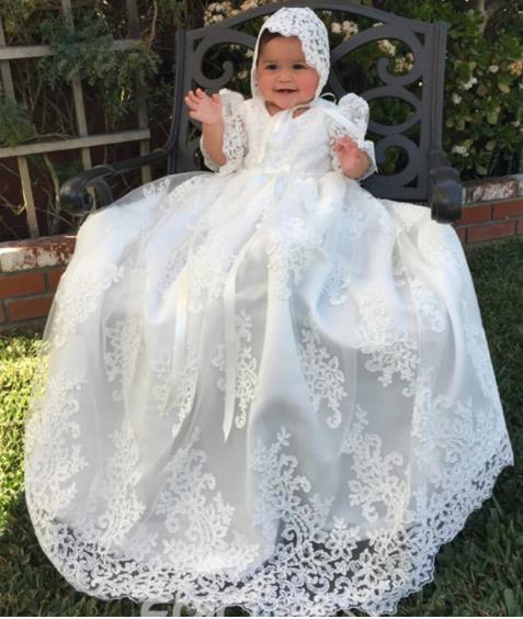 Long Beautiful Lace Christening Gown for Girls Baptism White Ivory Birthday Dress Baptism Gown with Bonnet - Cotton Castles Luxury Kids