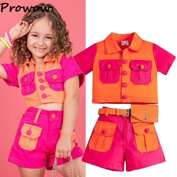 Girls Waist Pack Orange Button Patchwork Jacket+Cargo Pants
