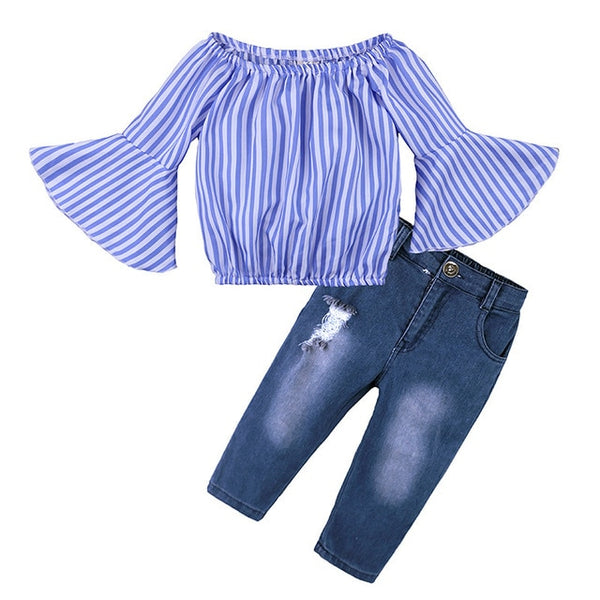 Off Shoulder Blue Striped Tops+Denim - Cotton Castles Luxury  Diaper Cakes